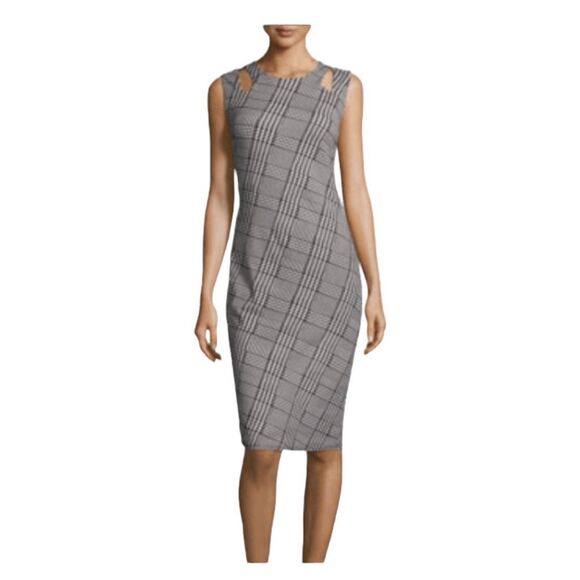 Carmen Marc Valvo Dress Black & White Houndstooth Bodycon Midi Keyhole Shoulder - Picture 1 of 5